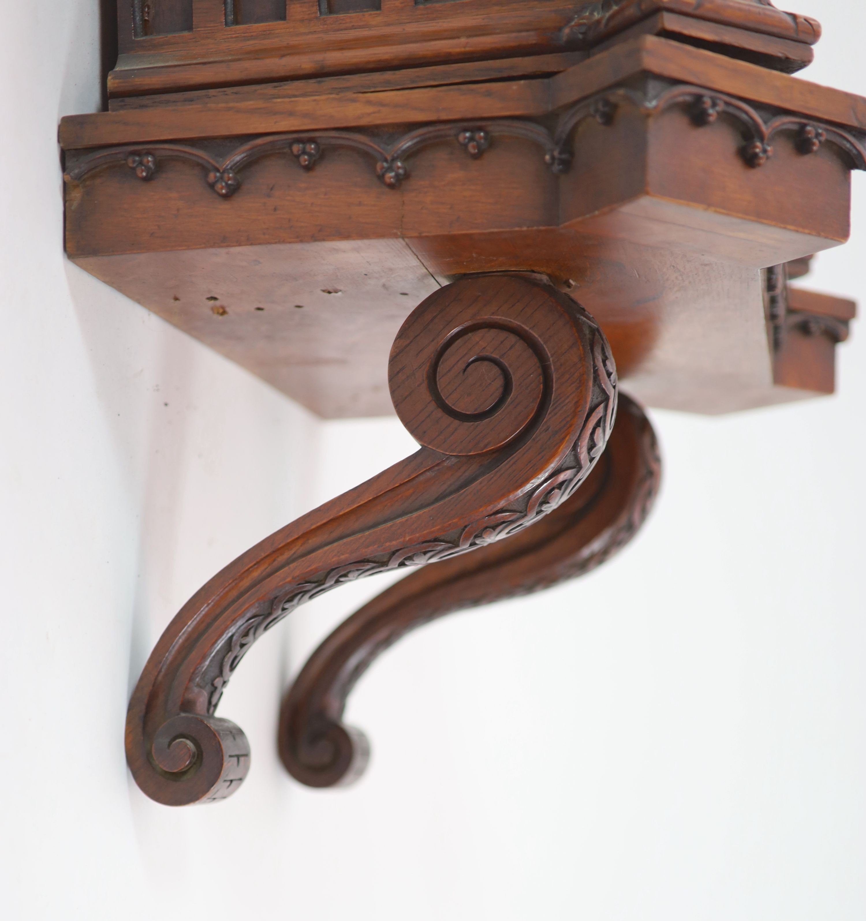 A Victorian golden oak Gothic design chiming bracket clock by Gillett & Bland, Steam Clock Factory, Croyden H 74cm. W 48cm. D 31cm.